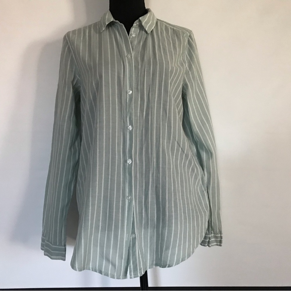 Women H&M Light Green Striped Button Down Shirt